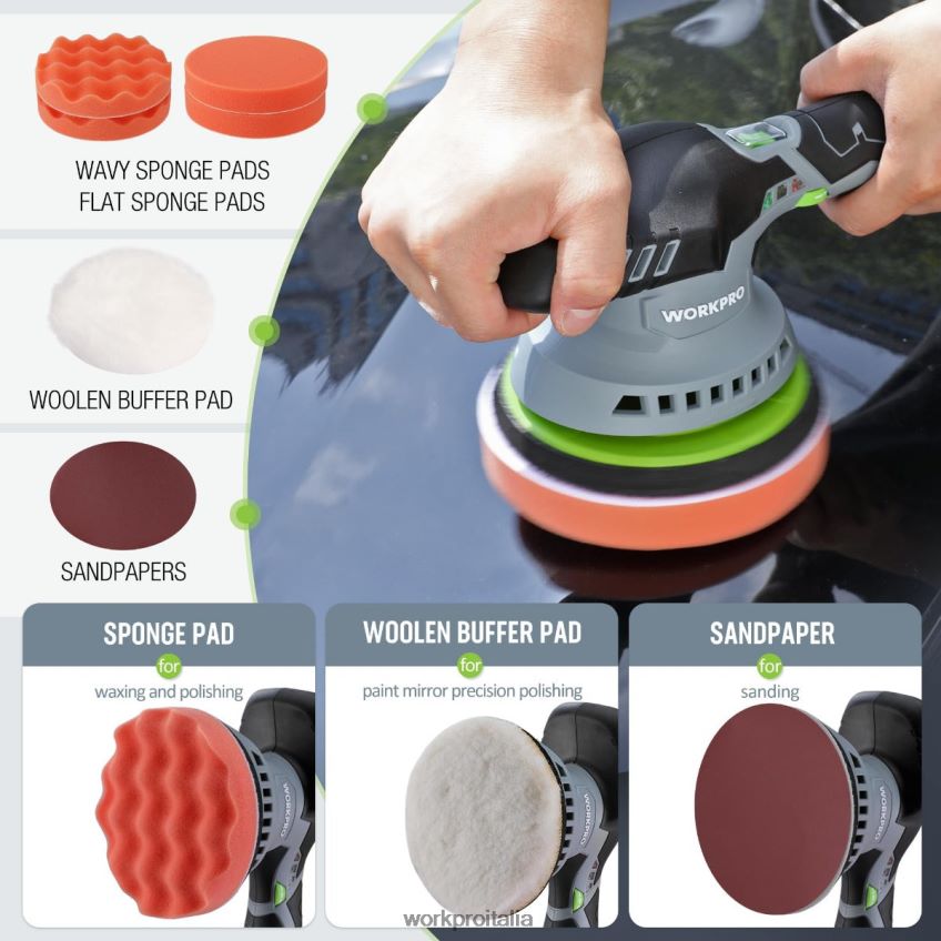WORKPRO Lucidatrice per auto cordless a doppia azione da 6 pollici con batteria ricaricabile da 2 pezzi da 12 V moderno B0600L238 attrezzo