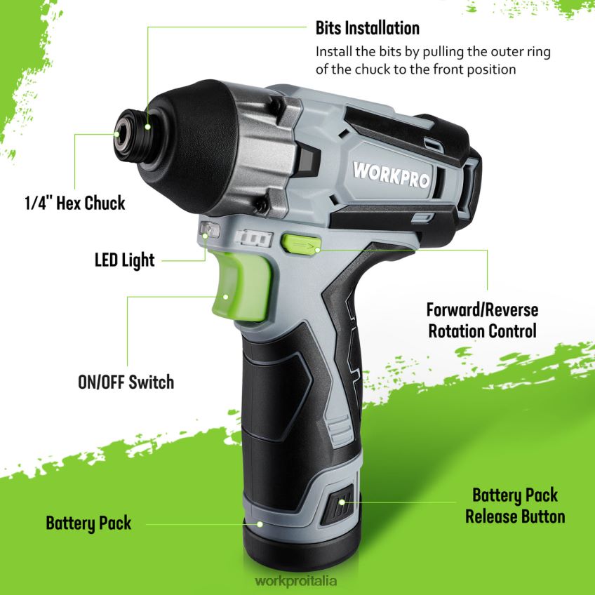 WORKPRO Kit avvitatore a percussione cordless da 12 V, set trapano/avvitatore elettrico a percussione esagonale con batteria agli ioni di litio da 2,0 Ah nuovo B0600L190 attrezzo