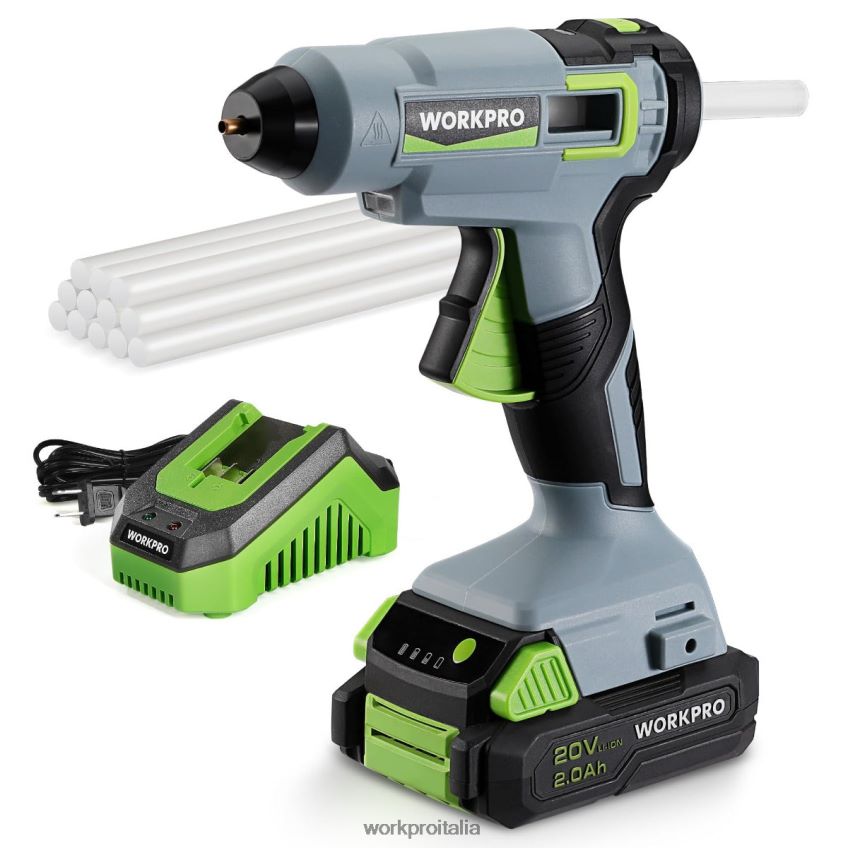 WORKPRO Kit pistola per colla a caldo senza fili con 12 stick di colla, batteria agli ioni di litio da 20 V 2,0 Ah utile B0600L165 attrezzo