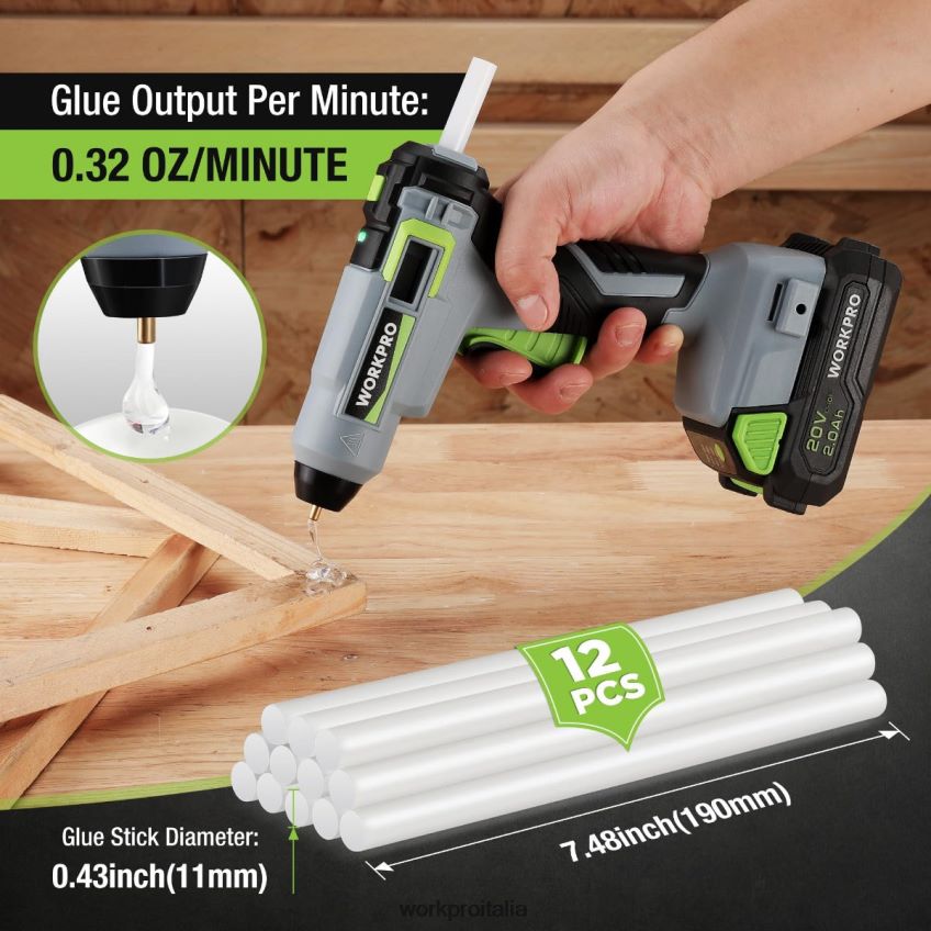 WORKPRO Kit pistola per colla a caldo senza fili con 12 stick di colla, batteria agli ioni di litio da 20 V 2,0 Ah utile B0600L165 attrezzo