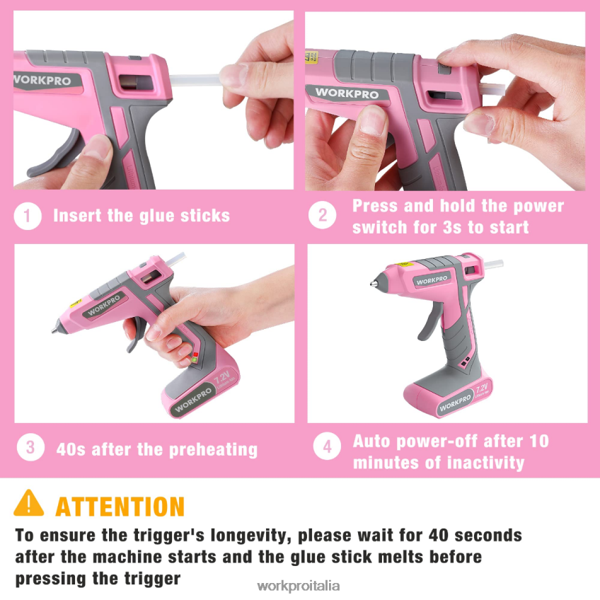 WORKPRO Kit pistola per colla a caldo senza fili da 7,2 V rosa/bianco B0600L164 attrezzo