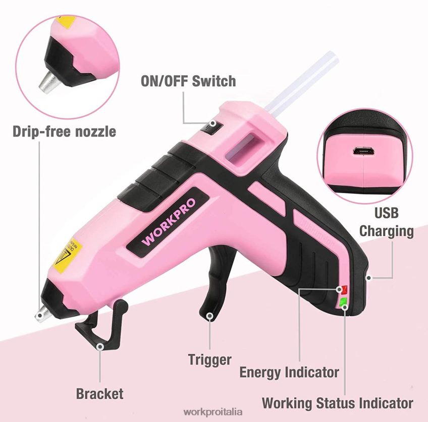WORKPRO Mini pistola per colla a preriscaldamento rapido senza fili con stick di colla premium da 20 pezzi blu/rosa B0600L163 attrezzo