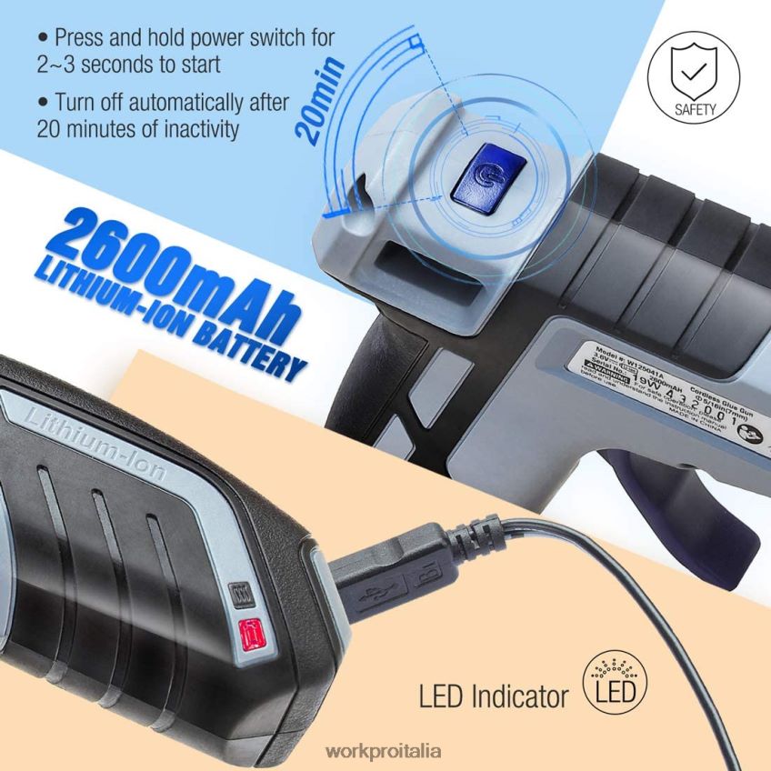 WORKPRO Mini pistola per colla a preriscaldamento rapido senza fili con stick di colla premium da 20 pezzi blu/rosa B0600L163 attrezzo