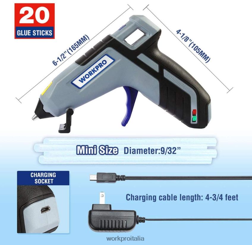 WORKPRO Mini pistola per colla a preriscaldamento rapido senza fili con stick di colla premium da 20 pezzi blu/rosa B0600L163 attrezzo
