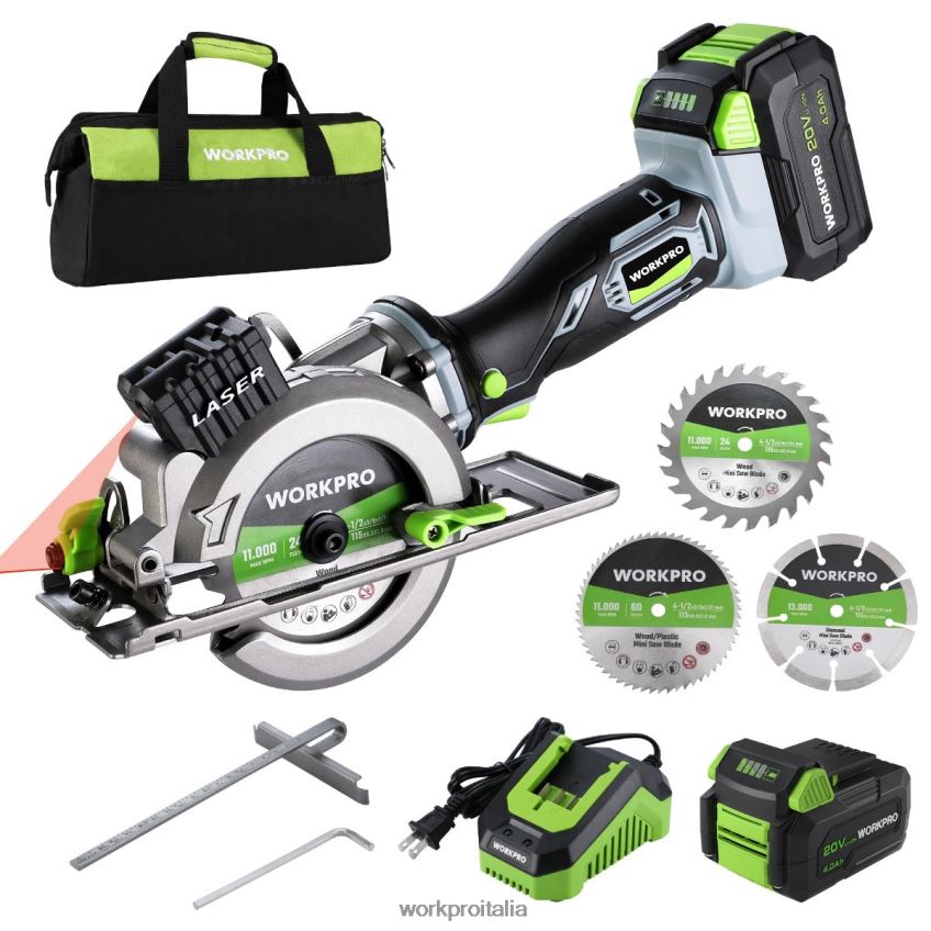 WORKPRO Mini sega circolare compatta a batteria, batteria da 20 V 4,0 Ah, caricabatterie rapido, 3 lame, 4500 giri/min utile B0600L186 attrezzo