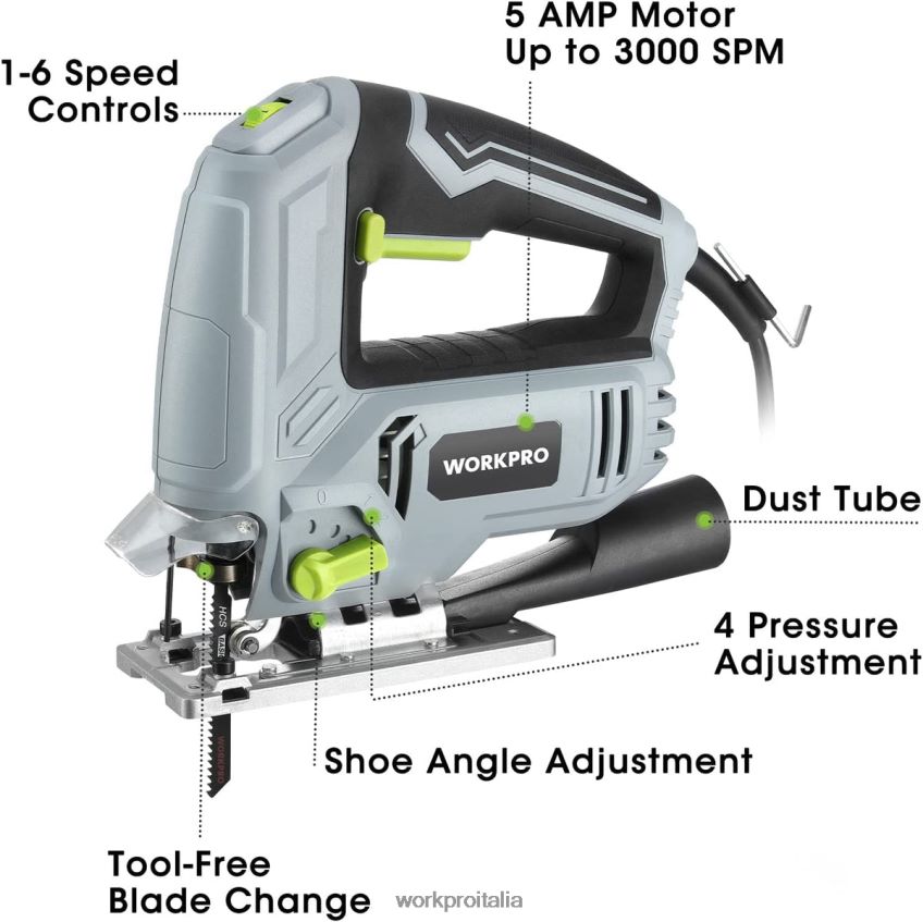 WORKPRO seghetto alternativo, 5 amp 3000 spm, seghetto alternativo taglierina elettrica con cavo per taglio di legno, metallo e plastica, 7 lame moderno B0600L242 attrezzo