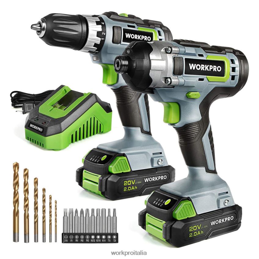 WORKPRO Kit combinato trapano avvitatore a batteria da 20 V, trapano avvitatore e avvitatore a percussione con 2 batterie da 2,0 Ah e caricabatterie rapido da 1 ora utile B0600L169 attrezzo