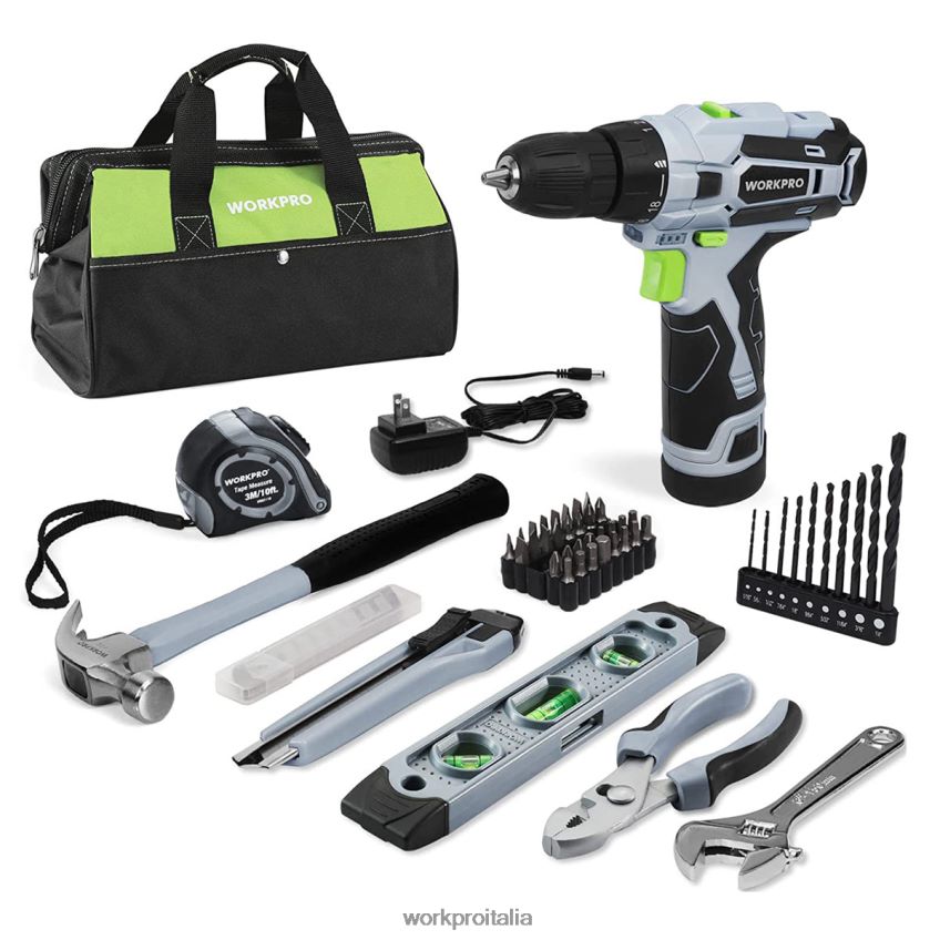 WORKPRO Kit di trapano a batteria e attrezzi domestici da 61 pezzi da 12 V, custodia da 14 pollici inclusa grigio B0600L174 attrezzo