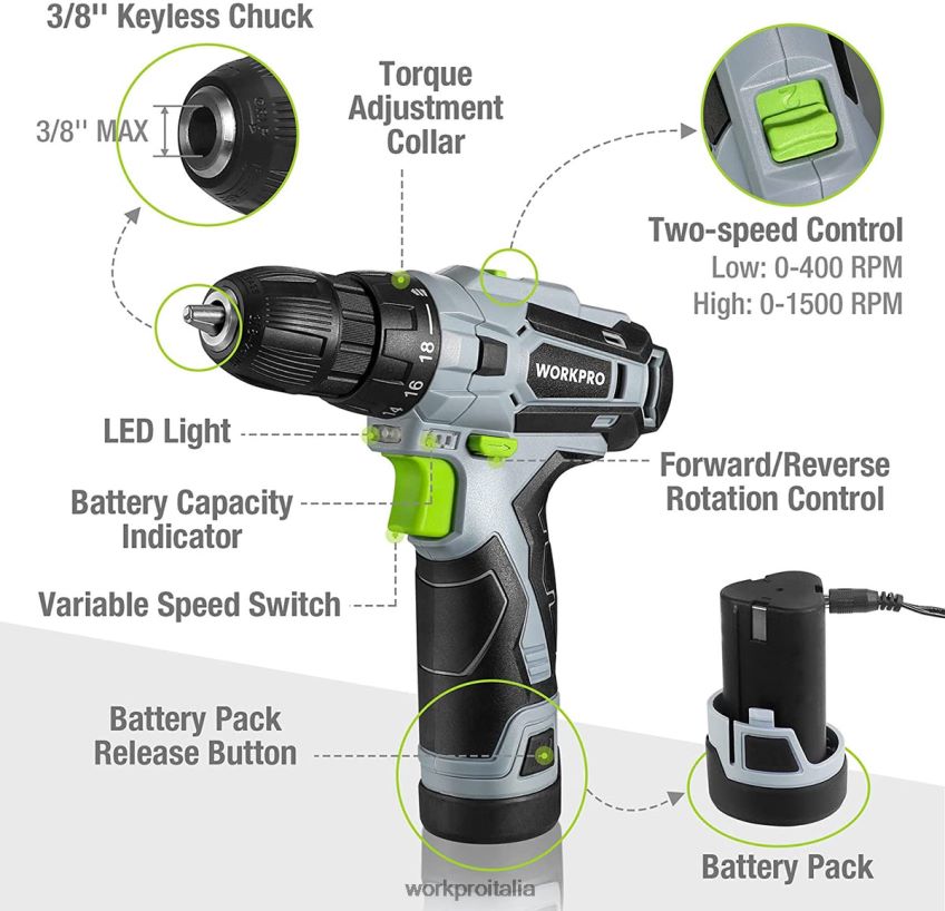 WORKPRO Kit di trapano a batteria e attrezzi domestici da 61 pezzi da 12 V, custodia da 14 pollici inclusa grigio B0600L174 attrezzo