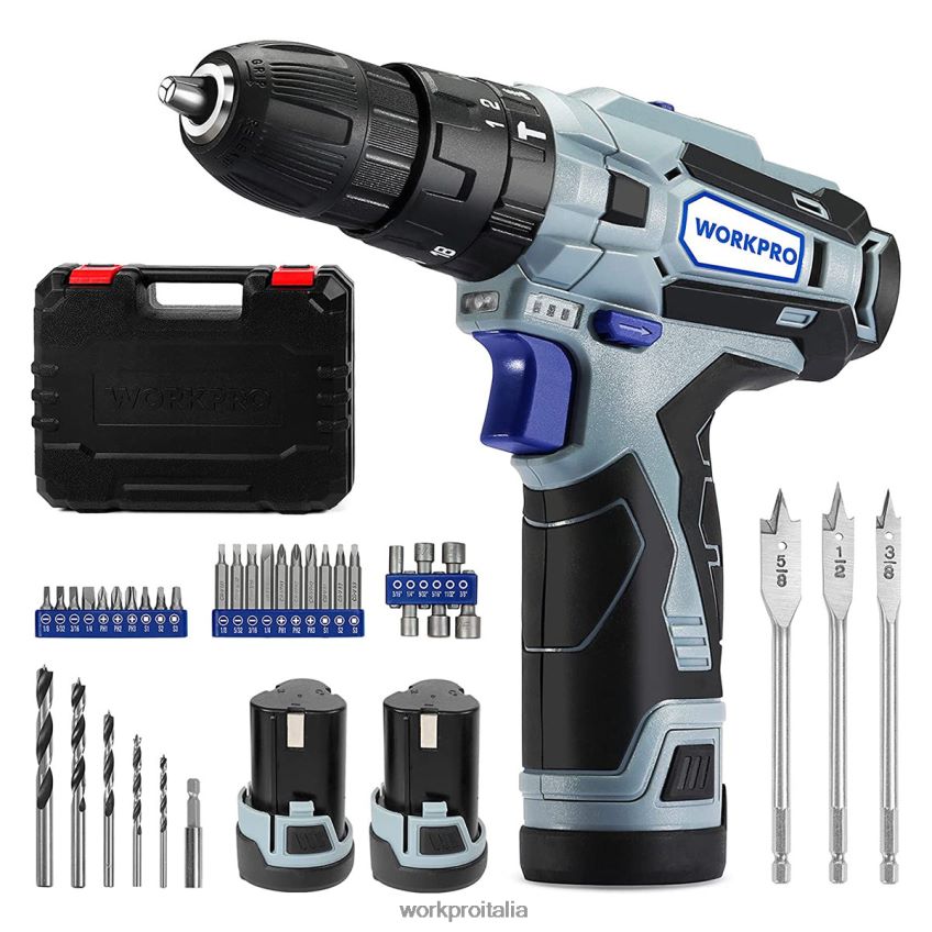WORKPRO Kit trapano avvitatore a batteria 12v 2 velocità, 2 batterie li-ion 2000 mah e caricabatterie rapido moderno B0600L168 attrezzo