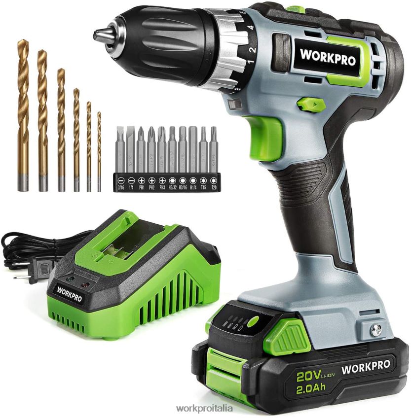WORKPRO Kit trapano/avvitatore a batteria a velocità variabile da 20 V, impostazione della coppia 18+2, batteria agli ioni di litio da 2,0 Ah e caricabatterie rapido da 1 ora moderno B0600L172 attrezz
