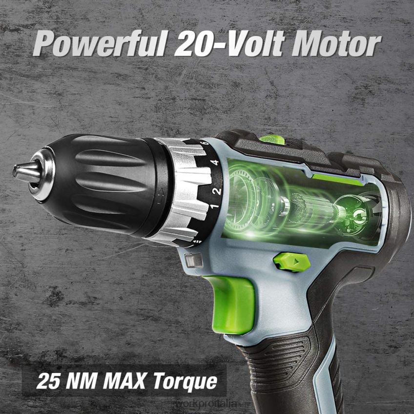 WORKPRO Kit trapano/avvitatore a batteria a velocità variabile da 20 V, impostazione della coppia 18+2, batteria agli ioni di litio da 2,0 Ah e caricabatterie rapido da 1 ora moderno B0600L172 attrezz