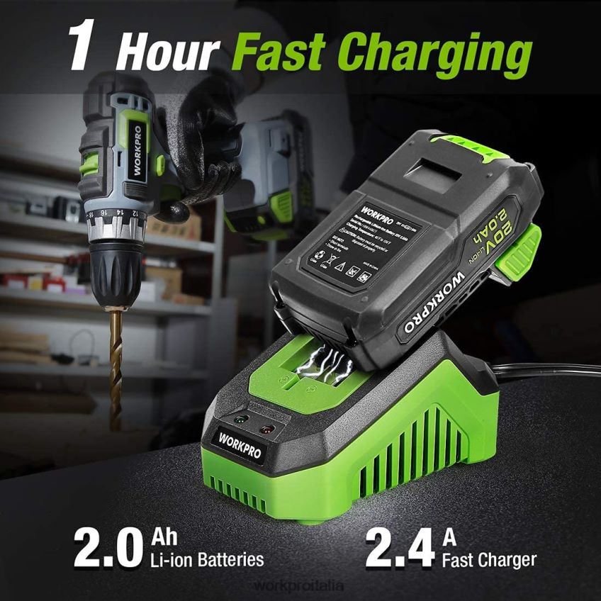 WORKPRO Kit trapano/avvitatore a batteria a velocità variabile da 20 V, impostazione della coppia 18+2, batteria agli ioni di litio da 2,0 Ah e caricabatterie rapido da 1 ora moderno B0600L172 attrezz