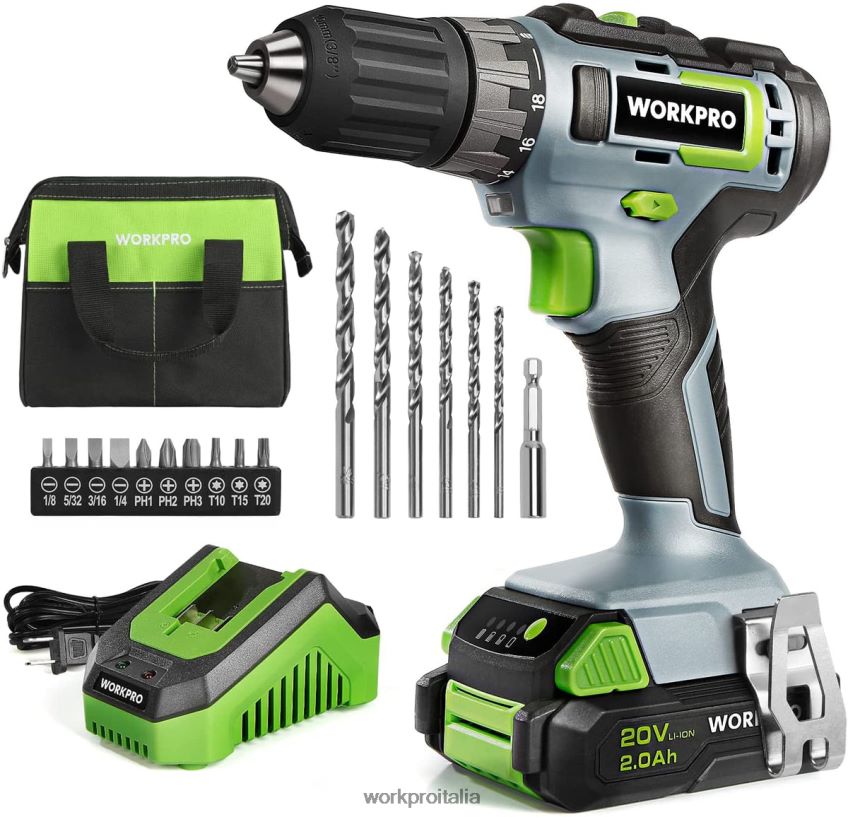 WORKPRO Kit trapano avvitatore a batteria da 20 V, batteria agli ioni di litio da 2,0 Ah, caricabatterie rapido da 1 ora e custodia da 11 pollici inclusa verde B0600L176 attrezzo