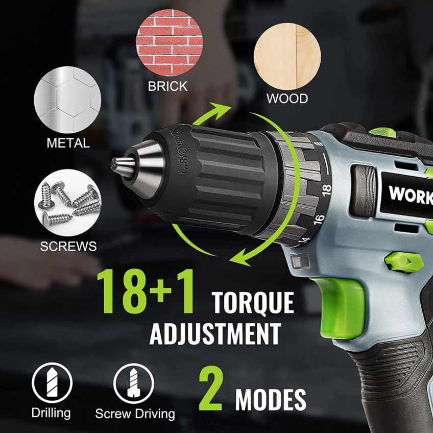 WORKPRO Kit trapano avvitatore a batteria da 20 V, batteria agli ioni di litio da 2,0 Ah, caricabatterie rapido da 1 ora e custodia da 11 pollici inclusa verde B0600L176 attrezzo
