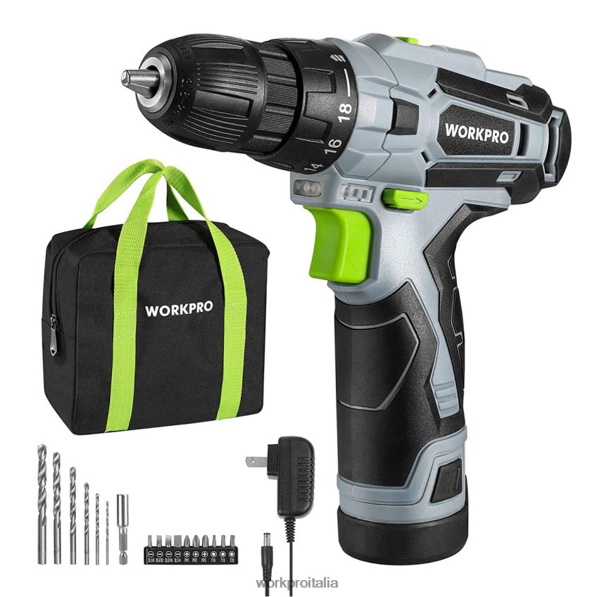 WORKPRO Kit trapano avvitatore elettrico a batteria 12 V, mandrino autoserrante, caricabatterie e custodia inclusi verde B0600L177 attrezzo
