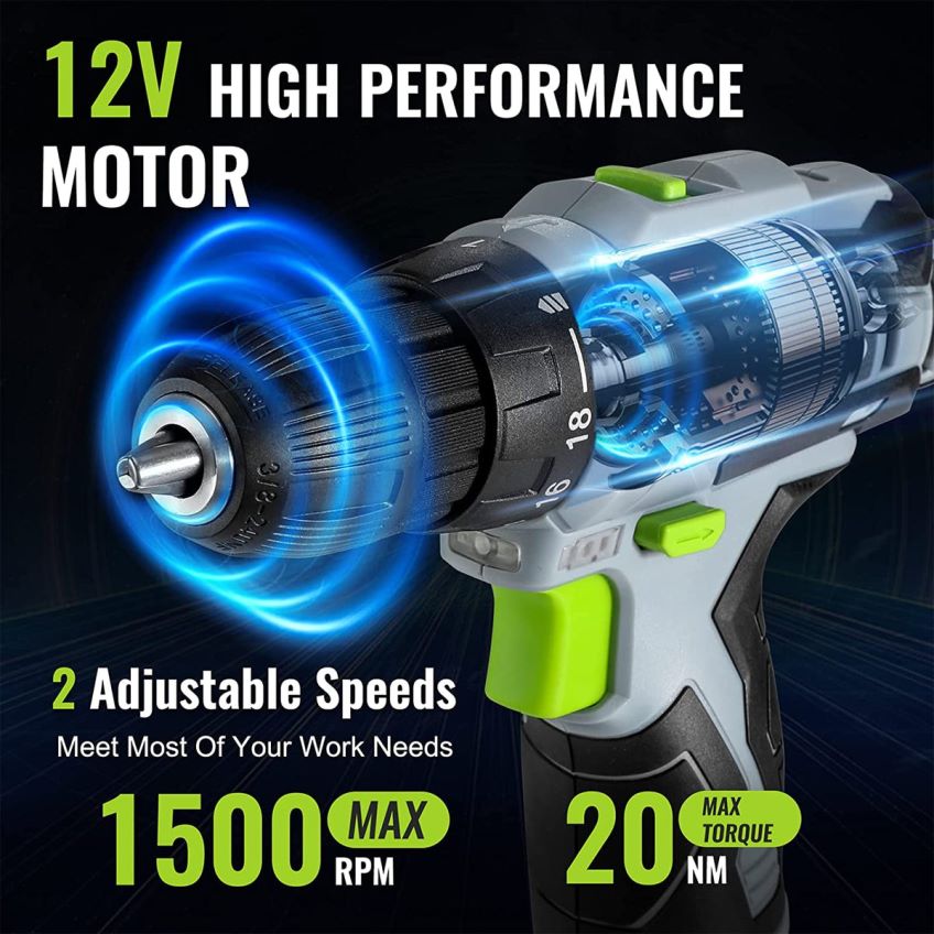 WORKPRO Kit trapano avvitatore elettrico a batteria 12 V, mandrino autoserrante, caricabatterie e custodia inclusi verde B0600L177 attrezzo