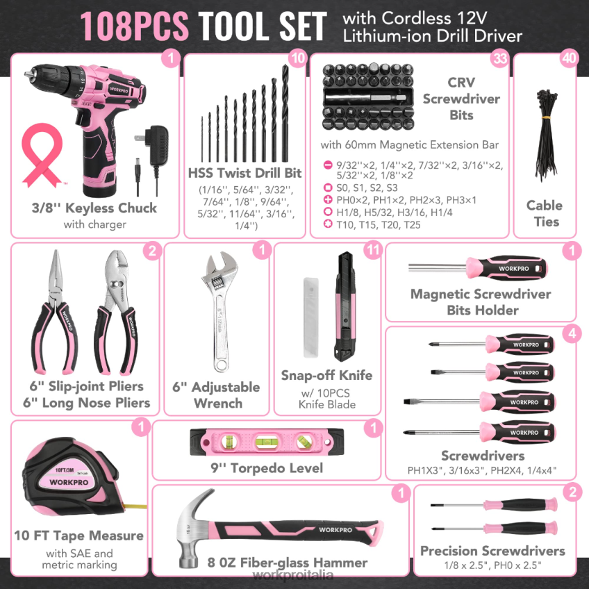 WORKPRO Set di utensili portatili da 108 pezzi con trapano elettrico rosa/grigio B0600L173 attrezzo