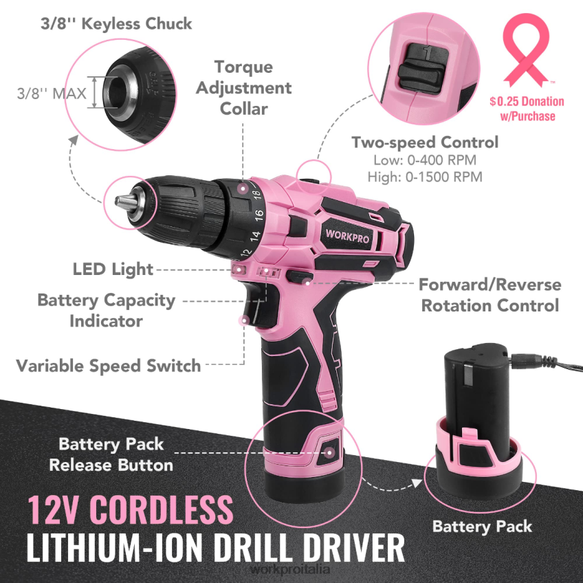 WORKPRO Set di utensili portatili da 108 pezzi con trapano elettrico rosa/grigio B0600L173 attrezzo