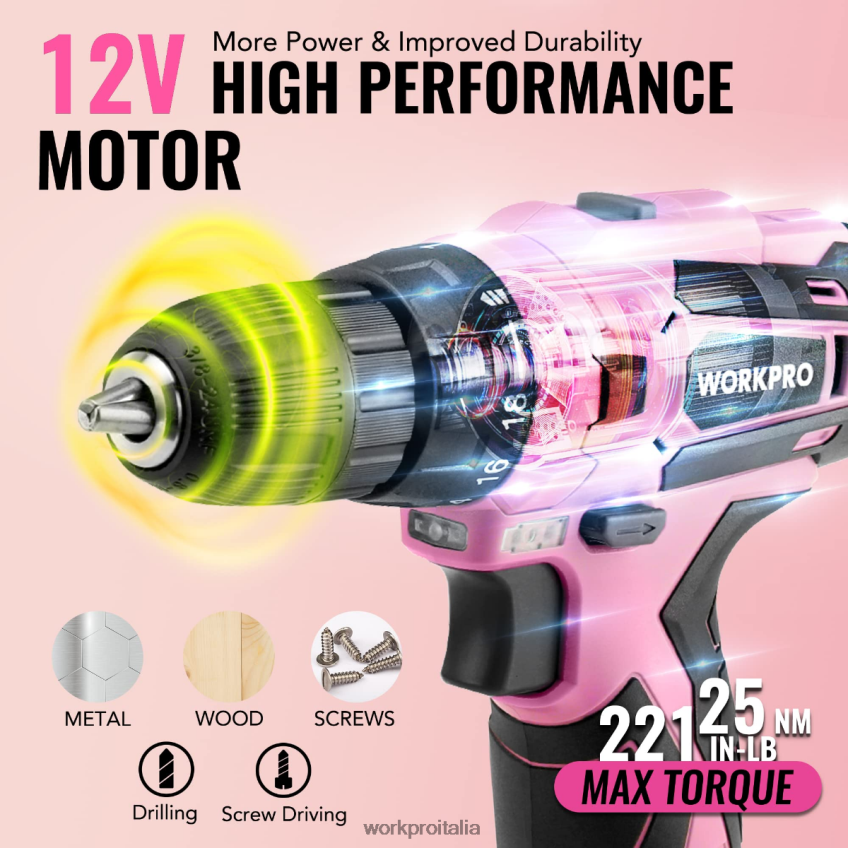 WORKPRO Set di utensili portatili da 108 pezzi con trapano elettrico rosa/grigio B0600L173 attrezzo