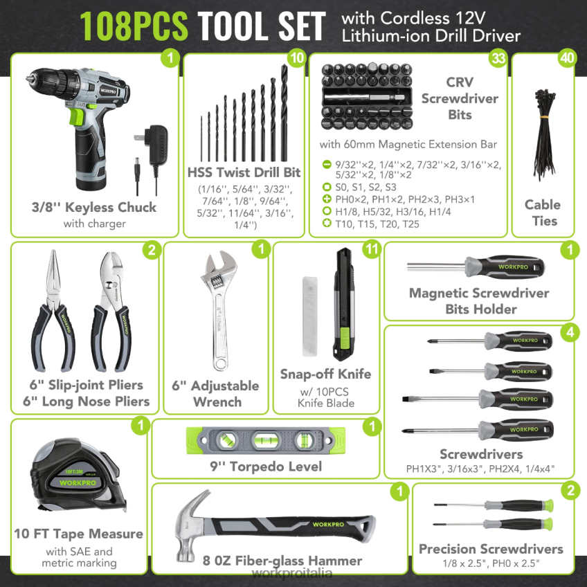 WORKPRO Set di utensili portatili da 108 pezzi con trapano elettrico rosa/grigio B0600L173 attrezzo