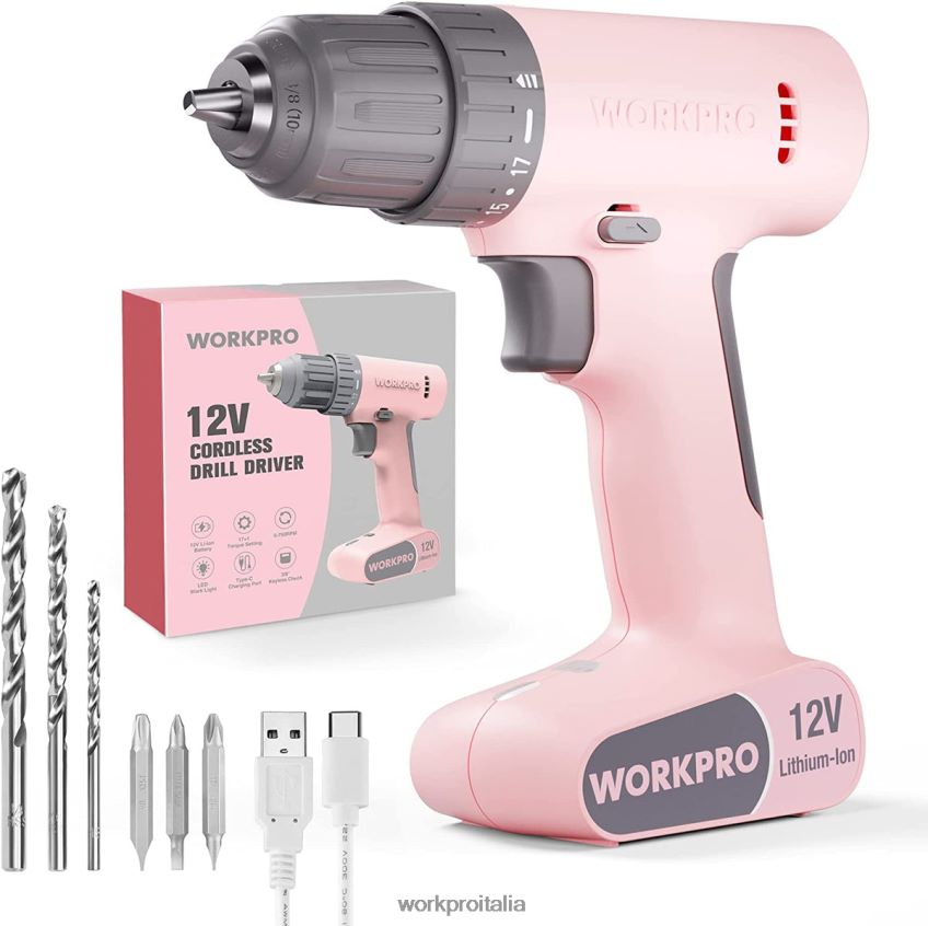 WORKPRO Set trapano avvitatore a batteria da 12 V con 6 punte, mandrino autoserrante da 3/8 pollici, velocità variabile, impostazione 18 tocchi rosa/bianco B0600L175 attrezzo