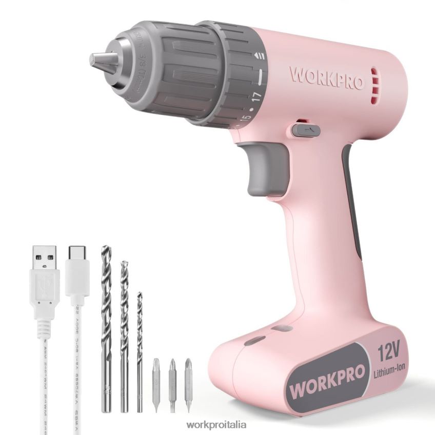 WORKPRO Set trapano avvitatore a batteria da 12 V con 6 punte, mandrino autoserrante da 3/8 pollici, velocità variabile, impostazione 18 tocchi rosa/bianco B0600L175 attrezzo