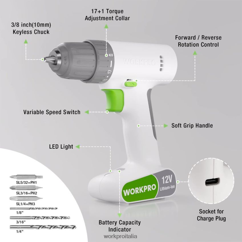 WORKPRO Set trapano avvitatore a batteria da 12 V con 6 punte, mandrino autoserrante da 3/8 pollici, velocità variabile, impostazione 18 tocchi rosa/bianco B0600L175 attrezzo