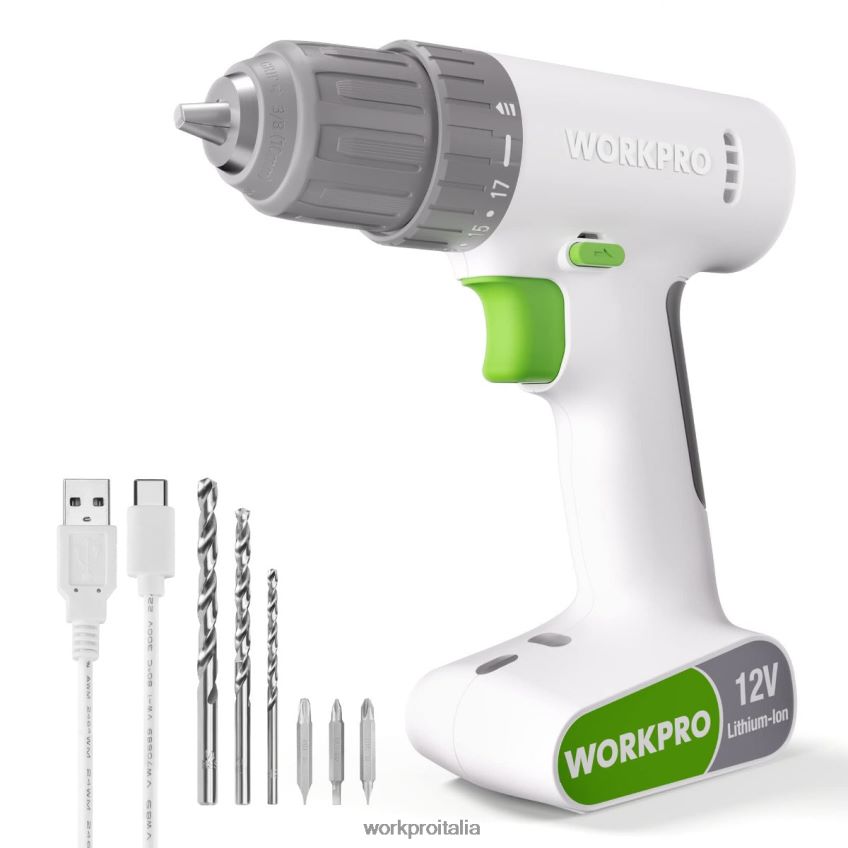 WORKPRO Set trapano avvitatore a batteria da 12 V con 6 punte, mandrino autoserrante da 3/8 pollici, velocità variabile, impostazione 18 tocchi rosa/bianco B0600L175 attrezzo