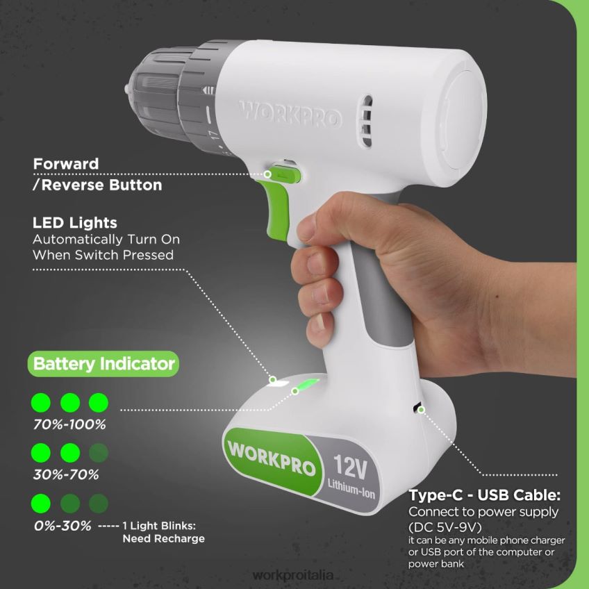 WORKPRO Set trapano avvitatore a batteria da 12 V con 6 punte, mandrino autoserrante da 3/8 pollici, velocità variabile, impostazione 18 tocchi rosa/bianco B0600L175 attrezzo