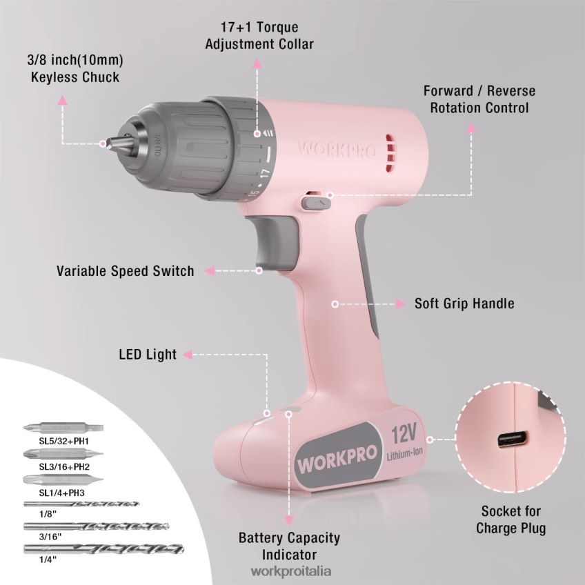 WORKPRO Set trapano avvitatore a batteria da 12 V con 6 punte, mandrino autoserrante da 3/8 pollici, velocità variabile, impostazione 18 tocchi rosa/bianco B0600L175 attrezzo