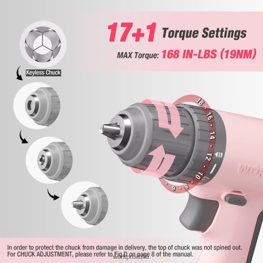 WORKPRO Set trapano avvitatore a batteria da 12 V con 6 punte, mandrino autoserrante da 3/8 pollici, velocità variabile, impostazione 18 tocchi rosa/bianco B0600L175 attrezzo
