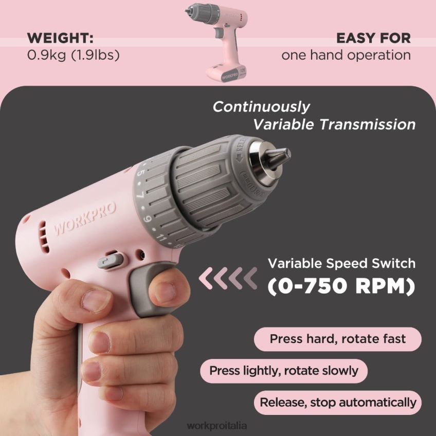 WORKPRO Set trapano avvitatore a batteria da 12 V con 6 punte, mandrino autoserrante da 3/8 pollici, velocità variabile, impostazione 18 tocchi rosa/bianco B0600L175 attrezzo