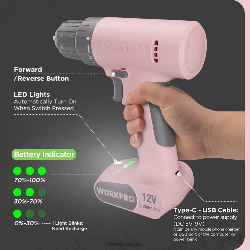 WORKPRO Set trapano avvitatore a batteria da 12 V con 6 punte, mandrino autoserrante da 3/8 pollici, velocità variabile, impostazione 18 tocchi rosa/bianco B0600L175 attrezzo