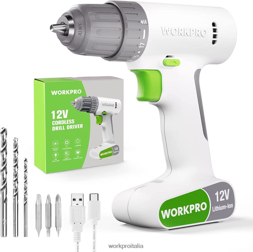 WORKPRO Set trapano avvitatore a batteria da 12 V con 6 punte, mandrino autoserrante da 3/8 pollici, velocità variabile, impostazione 18 tocchi rosa/bianco B0600L175 attrezzo