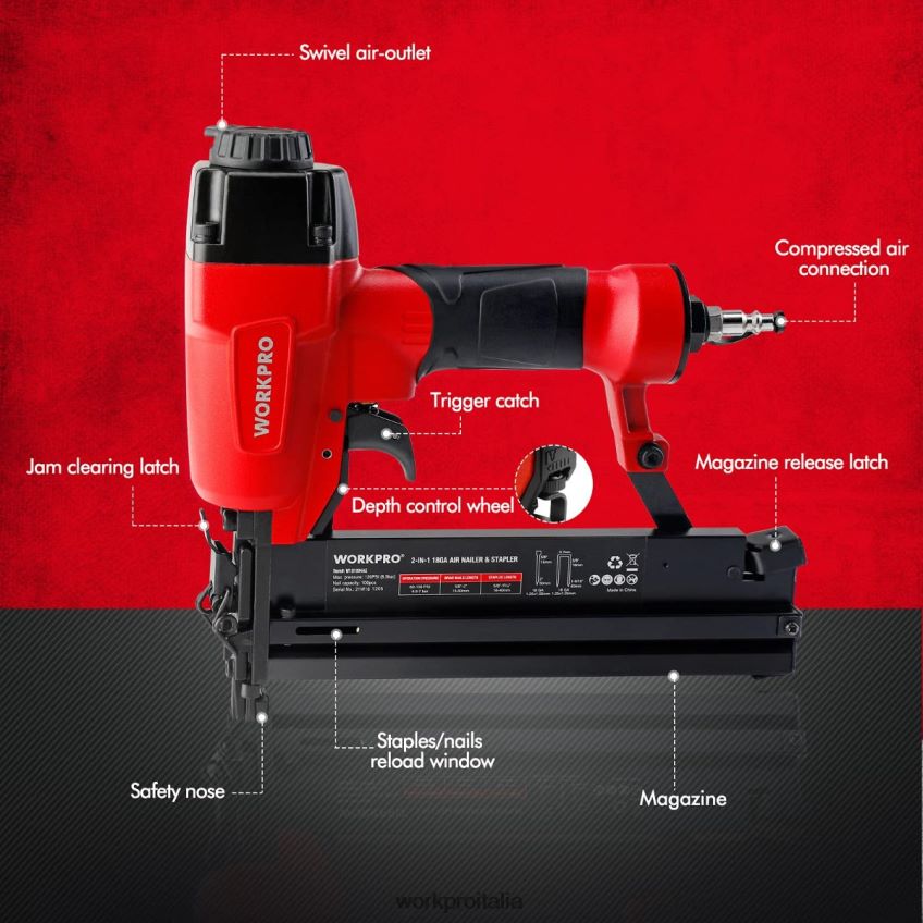 WORKPRO Chiodatrice pneumatica Brad 2 in 1 con 400 chiodi/300 graffette moderno B0600L181 attrezzo