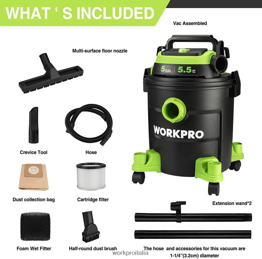 WORKPRO Aspirapolvere da 5 galloni, aspirapolvere da 5,5 cavalli di picco con filtro HEPA, tubo flessibile e accessori moderno B0600L214 attrezzo