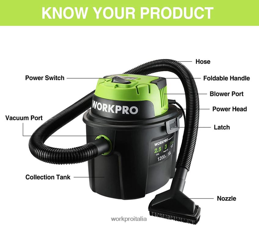 WORKPRO Aspirapolvere per liquidi/asciutti da 2,5 galloni e 3 cavalli di picco, aspirapolvere portatile per la casa utile B0600L216 attrezzo