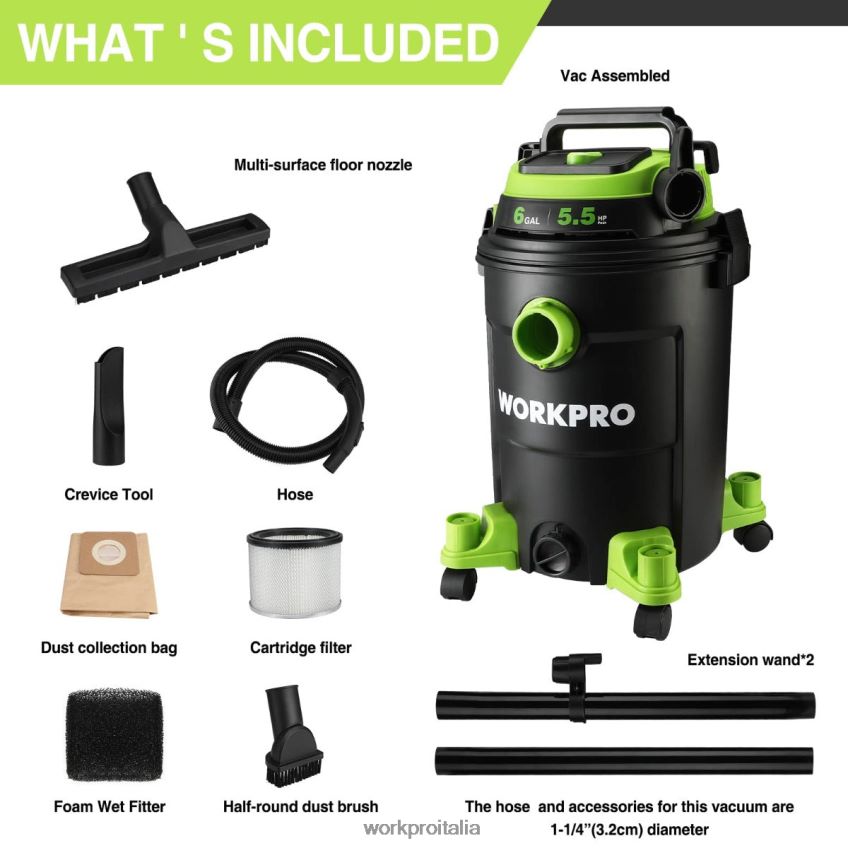 WORKPRO Aspirapolvere per negozi da 6 galloni Aspirapolvere per negozi con potenza di picco di 5,5 cavalli con tubo filtro Hepa e accessori utile B0600L215 attrezzo