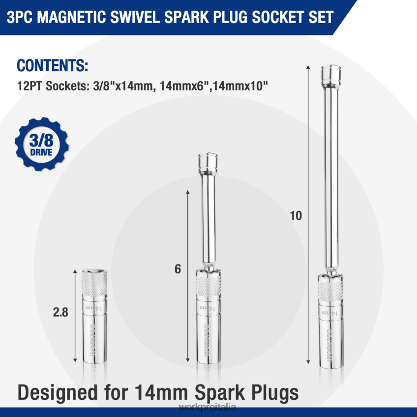 WORKPRO Presa a muro sottile da 3 pezzi da 14 mm con estensioni da 6 e 10 polliciSet di prese per candele magnetiche girevoli utile B0600L143 attrezzo
