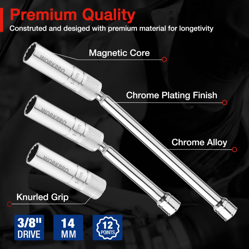 WORKPRO Presa a muro sottile da 3 pezzi da 14 mm con estensioni da 6 e 10 polliciSet di prese per candele magnetiche girevoli utile B0600L143 attrezzo