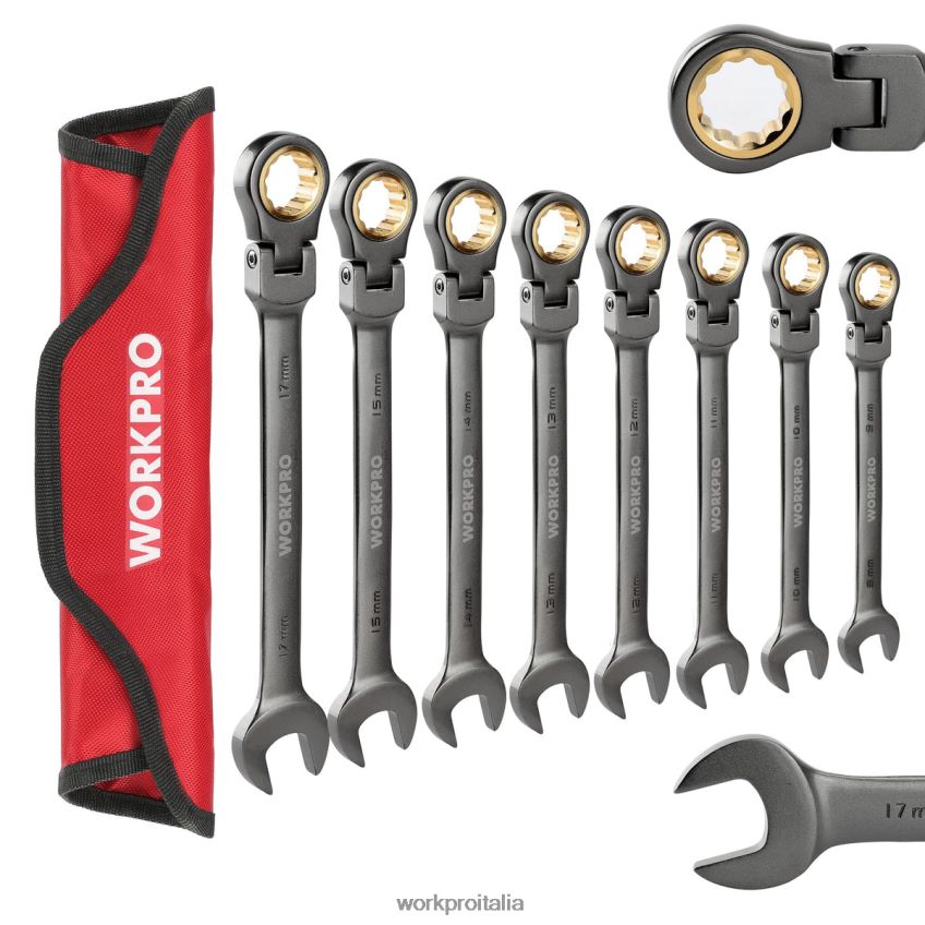 WORKPRO Set di 8 chiavi combinate a cricchetto con testa flessibile con borsa organizer utile B0600L86 attrezzo