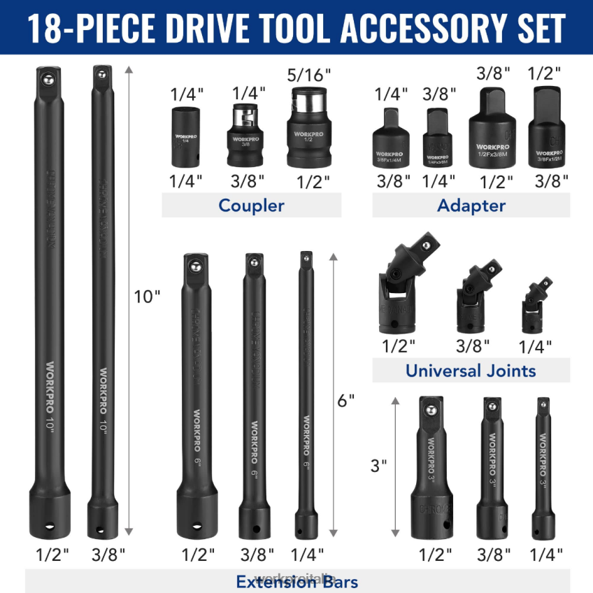 WORKPRO Set di accessori per utensili di azionamento da 18 pezzi moderno B0600L137 attrezzo