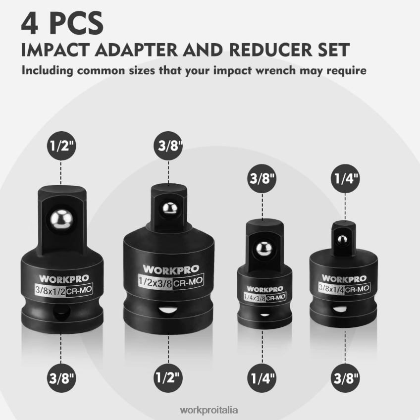 WORKPRO Set di adattatori e riduttori per prese per avvitatori a impatto da 4 pezzi, kit di conversione chiave utile B0600L94 attrezzo