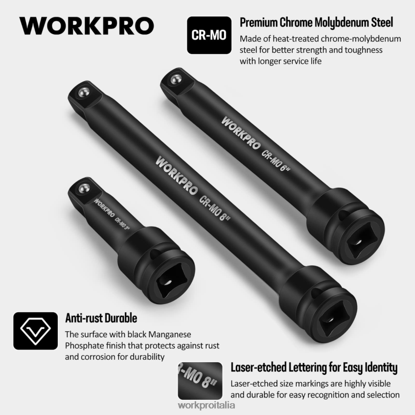 WORKPRO Set di barre di estensione per impatto con presa da 3 pezzi: 3, 6, 8 pollici e 1/2 pollici utile B0600L202 attrezzo