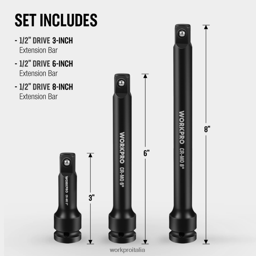WORKPRO Set di barre di estensione per impatto con presa da 3 pezzi: 3, 6, 8 pollici e 1/2 pollici utile B0600L202 attrezzo