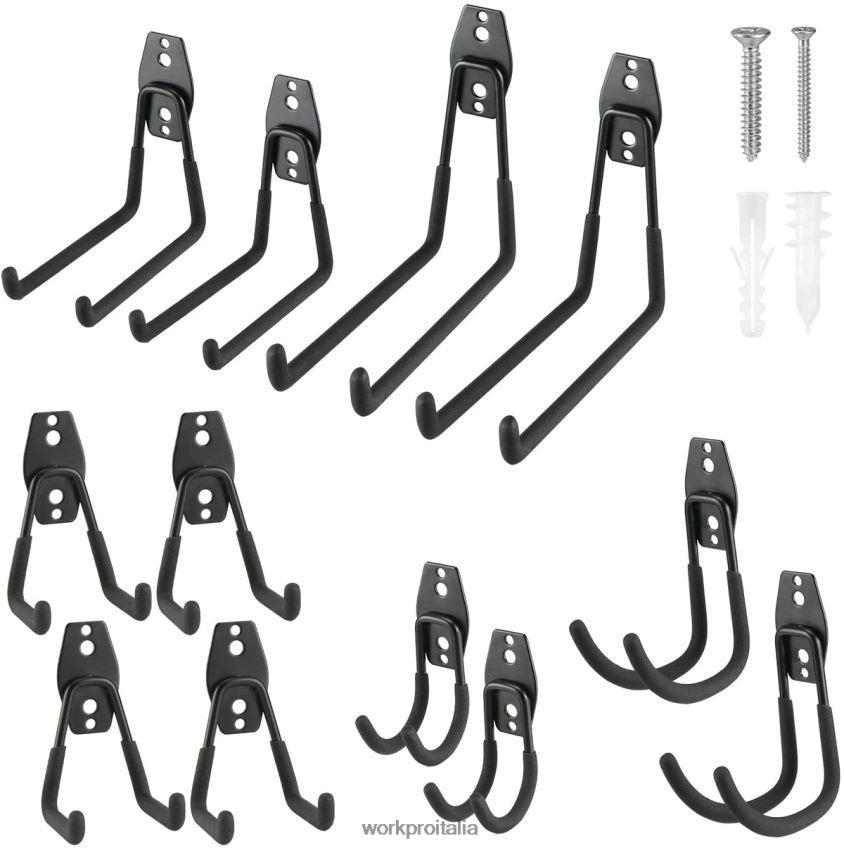 WORKPRO Set di ganci per garage da 12 pezzi, ganci per garage in acciaio resistente, ganci per montaggio a parete, ganci per attrezzi per biciclette, attrezzi da giardino, scale e oggetti ingombranti