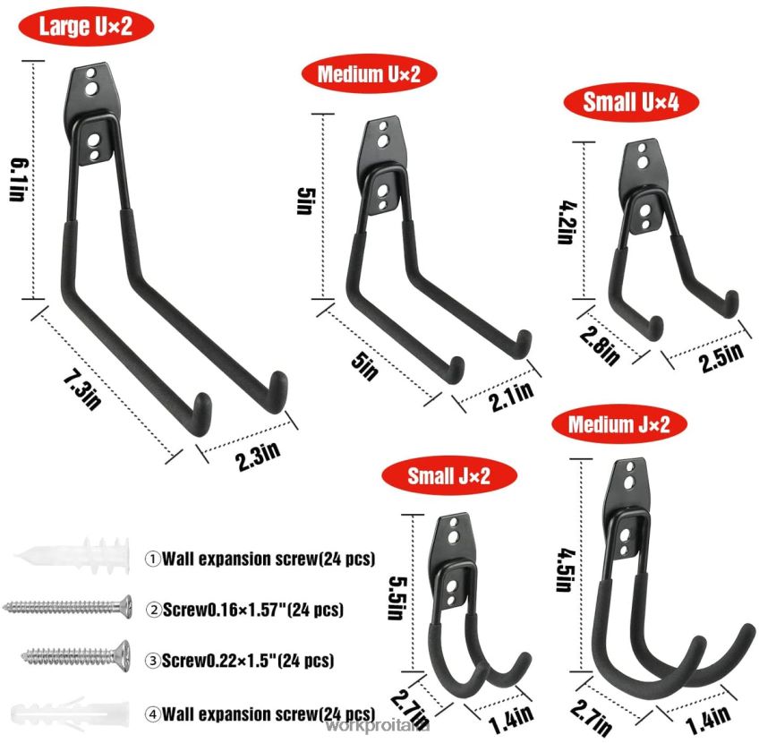 WORKPRO Set di ganci per garage da 12 pezzi, ganci per garage in acciaio resistente, ganci per montaggio a parete, ganci per attrezzi per biciclette, attrezzi da giardino, scale e oggetti ingombranti 