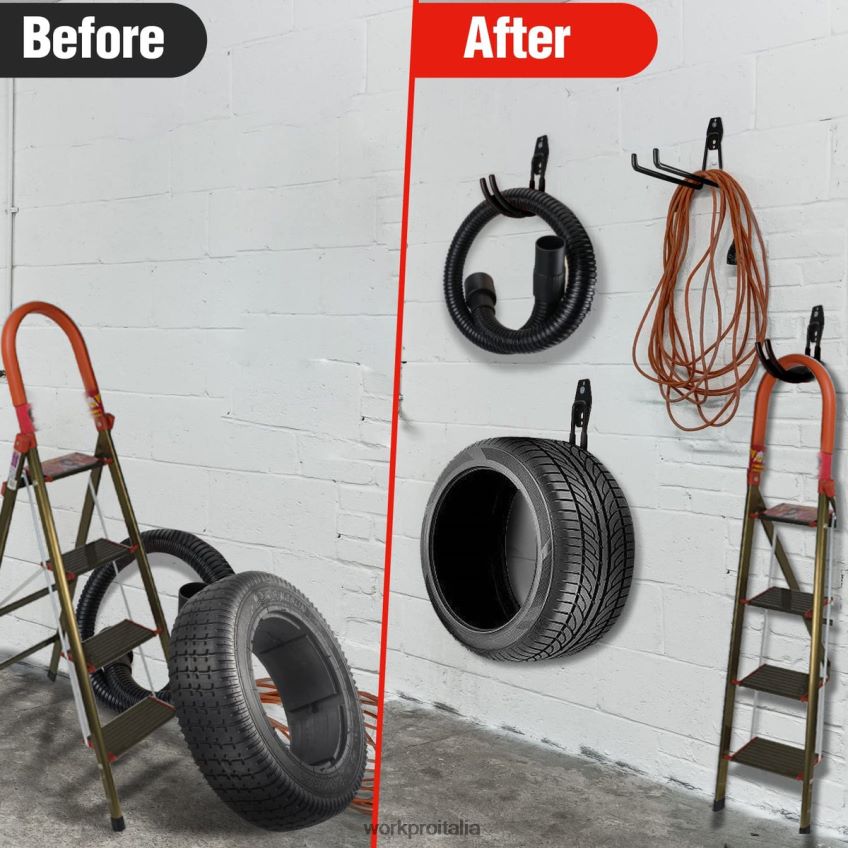 WORKPRO Set di ganci per garage da 12 pezzi, ganci per garage in acciaio resistente, ganci per montaggio a parete, ganci per attrezzi per biciclette, attrezzi da giardino, scale e oggetti ingombranti 