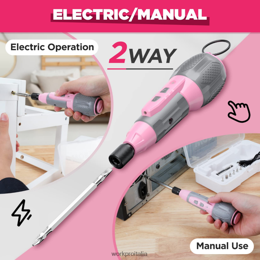 WORKPRO Kit cacciavite senza fili con batteria ricaricabile agli ioni di litio USB 4V rosa/bianco B0600L236 attrezzo